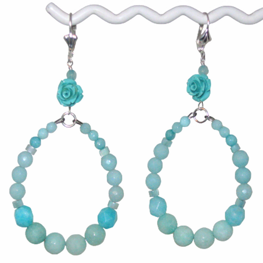Aqua Flower Hoop Earrings