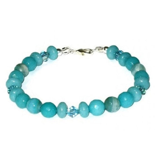 Teal and aqua beaded bracelet with agate, jade-style gemstone beads and crystals with a silver-plated lobster clasp