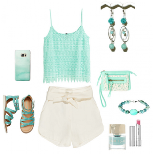 Mint green tank top, white shorts, accessories, and phone case on a white background