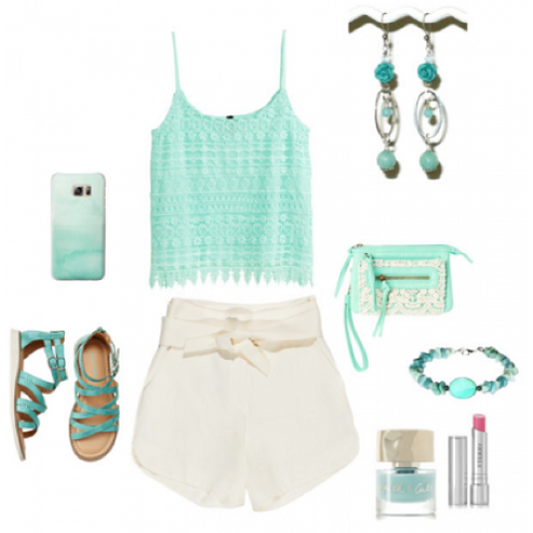Mint green tank top, white shorts, accessories, and phone case on a white background