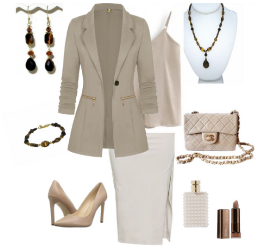 Fashionable outfit with beige blazer, skirt, and matching jewelry and accessories on a white background