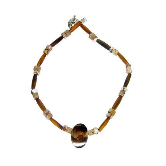 Men's beaded necklace with brown and beige beads on a white background