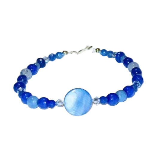 Handcrafted blue beaded bracelet with a mother-of-pearl coin-shaped central bead on a white background