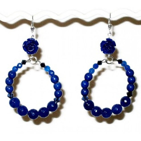 Blue Flower Semi-Precious Hoop Earrings