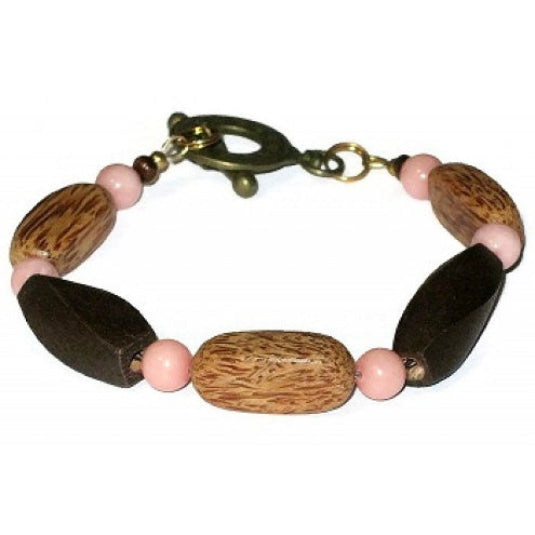 Brown and salmon men's beaded bracelet with wooden and jade-style gemstone beads on a white background