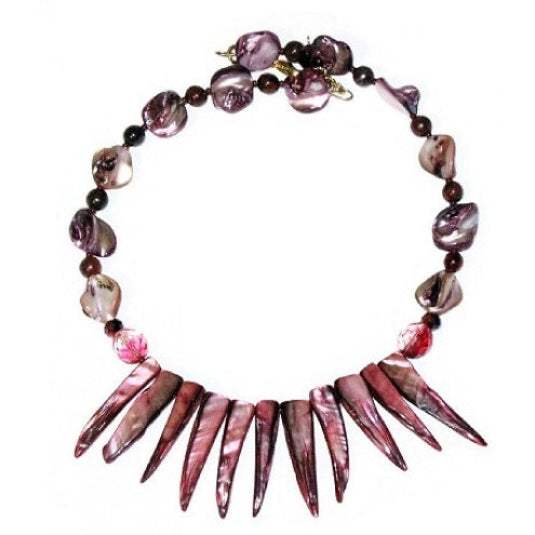 Burgundy choker style necklace with pink and purple beads on a white background