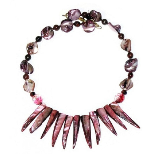 Burgundy choker style necklace with pink and purple beads on a white background