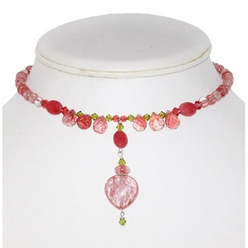 Pink Cherry Quartz and Green Crystal Choker with Heart-Shaped Pendant