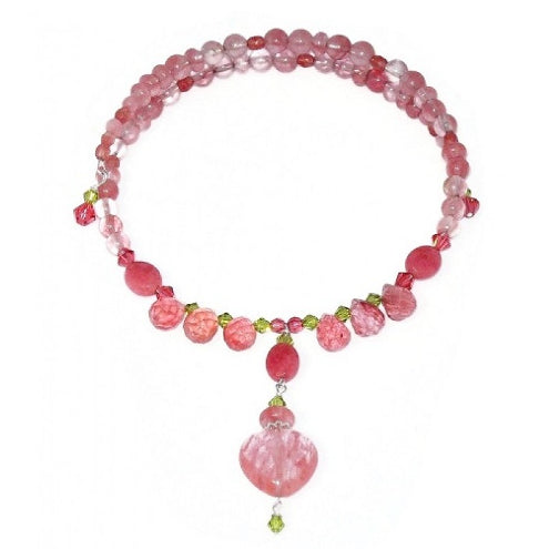Pink Cherry Quartz and Green Crystal Choker with Heart-Shaped Pendant