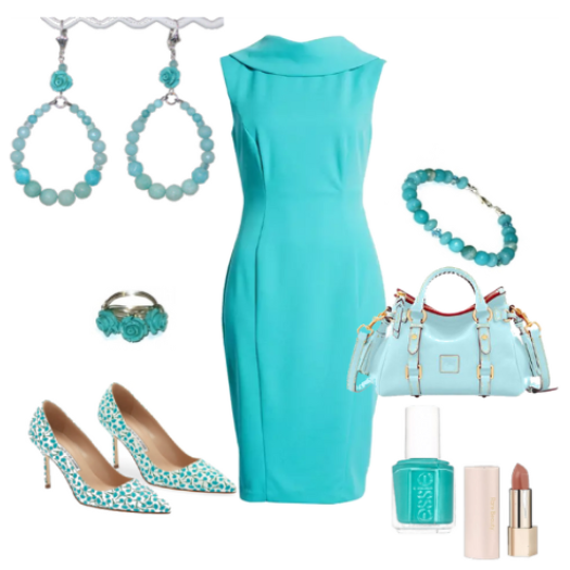 Aqua dress with matching accessories including shoes, handbag, jewelry, and lip products on a white background