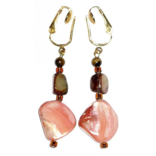 Pair of earrings with pink coral and brown shell beads and gold clip-on accents on a white background