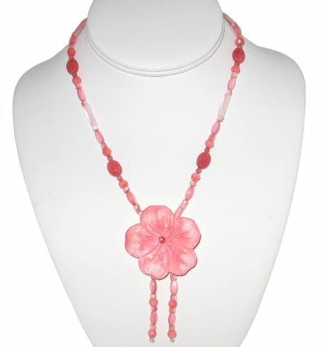 Coral Pink Blossom Necklace with Mother-of-Pearl Flower Pendant