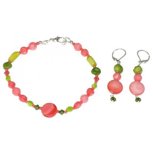 Coral and Olive Green Beaded Bracelet and Earring Set