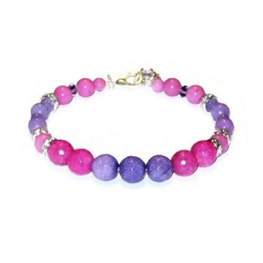 Bracelet with pink and purple faceted and smooth jade-style gemstone beads, crystals and rhinestone rondelle beads on a white background