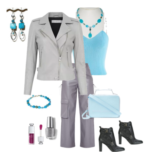 Fashionable outfit with gray jacket, pants, and accessories on a white background