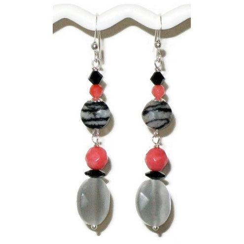 Black, Gray Jasper and Coral Beaded Semi-Precious Earrings