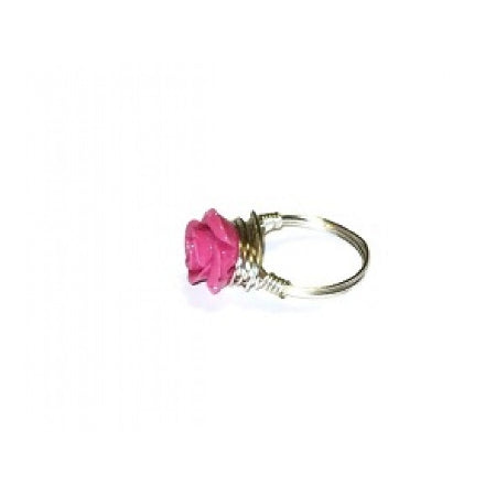 Hot Pink Carved Flower Wire-Wrapped Ring
