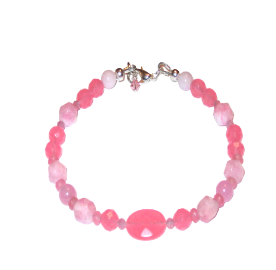 Pink beaded bracelet with a silver clasp on a white background