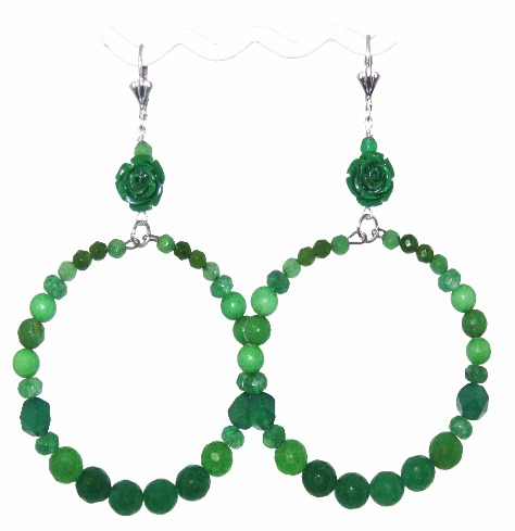 Large Emerald and Kelly Green Flower Hoop Earrings