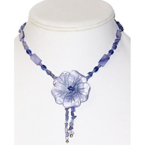 Lavender Blue Necklace with Mother-of-Pearl Flower Pendant