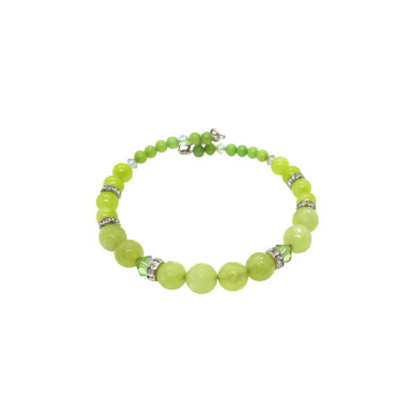 Lime green beaded bracelet with silver accents and crystals on a white background