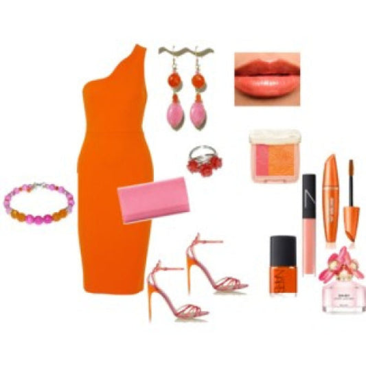 Collection of orange and pink fashion items including a dress, shoes, jewelry, and makeup on a white background.