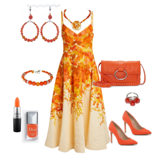 Orange and peach floral dress with matching accessories on a white background