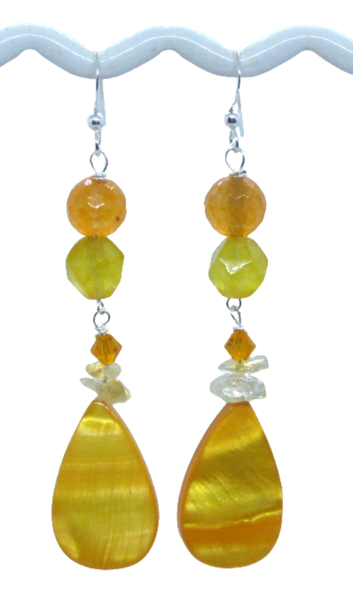 Pair of yellow and orange dangle earrings made with semi-precious beads and crystals