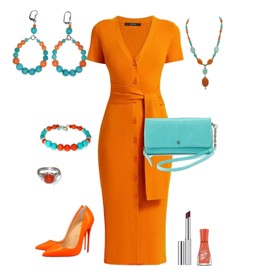 Orange Teal and Aqua Necklace with Drop Pendant