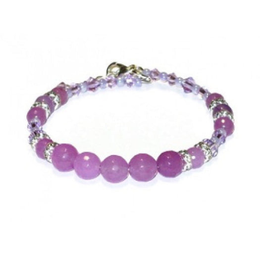 A pretty purple orchid beaded bracelet made on flexible memory wire, with a silver-plated lobster clasp. It consists of faceted and smooth jade-style gemstone beads, crystals and rhinestone beads on a white background