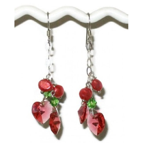 Coral, Green and Padparadscha Heart Crystal Sterling Silver Chain Earrings