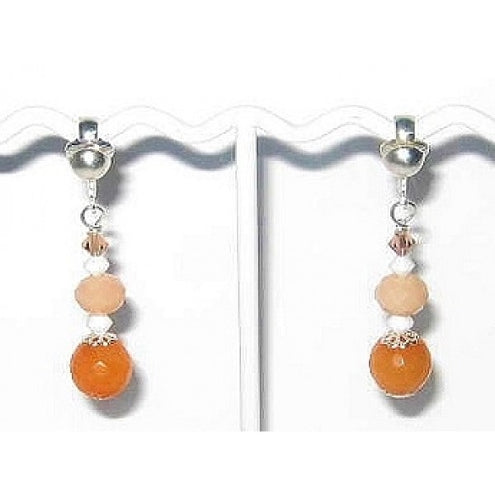 Peach and White Jade and Crystal Clip On Earrings