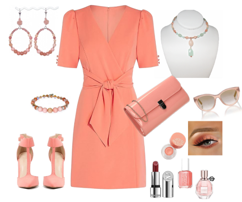 Peach Salmon and Light Green Choker with Drop Pendant