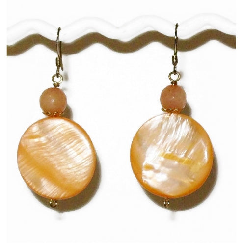 Peach Coin-Shaped Mother-of-Pearl and Jade Earrings
