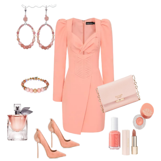 A peach fashion look with matching accessories on a white background.