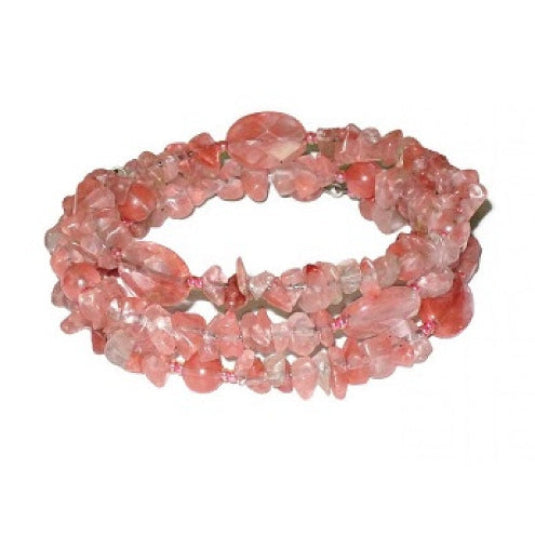 Cherry quartz wrap chip beaded bracelet with faceted oval stones on a white background