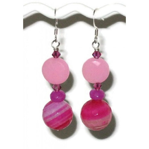 Fuchsia and Pink Necklace and Earrings Set with Agate Pendant