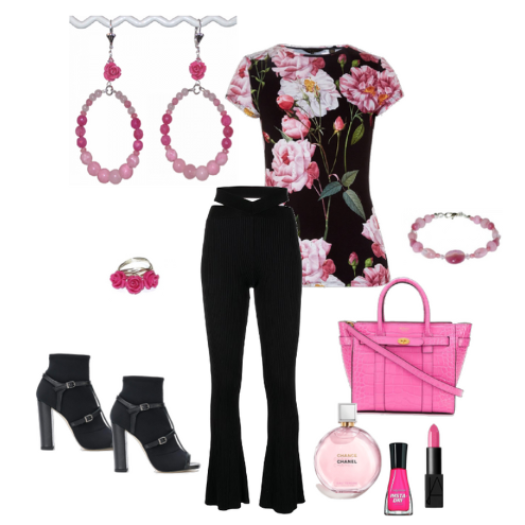 Fashion look with floral top, black pants, pink handbag, and accessories on a white background