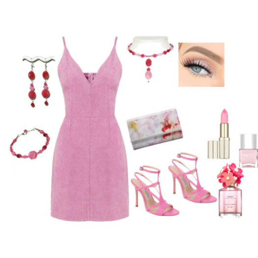 Pink dress with matching accessories on a white background