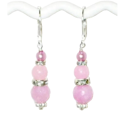 Pair of pink beaded dangle earrings on a white background