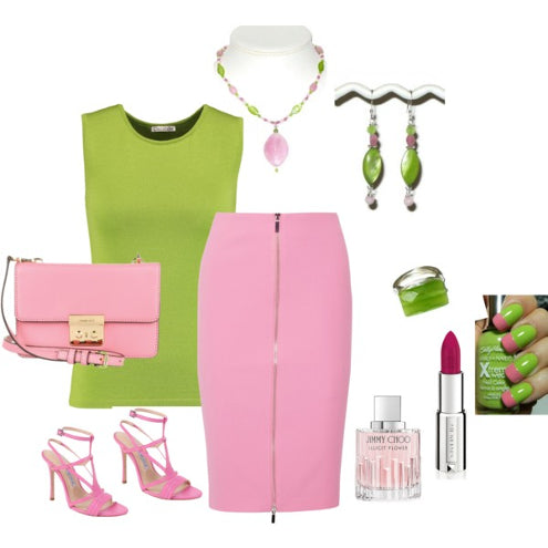 Pink and Apple Green Beaded Necklace with Jade Pendant