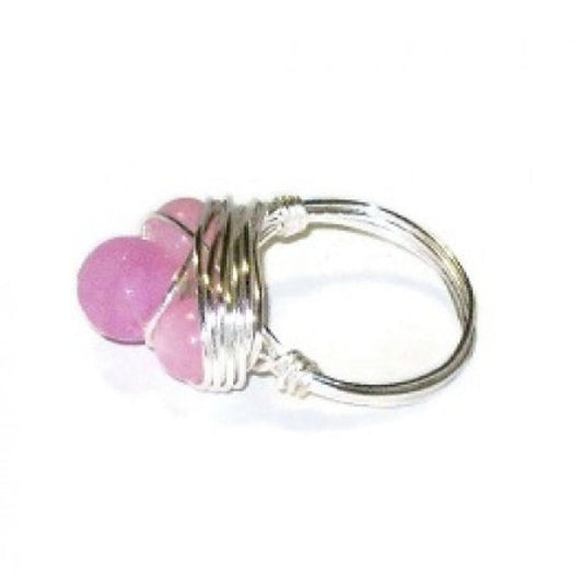 Pink jade-style gemstone 3 beaded wire-wrapped ring wrapped in silver-plated wire