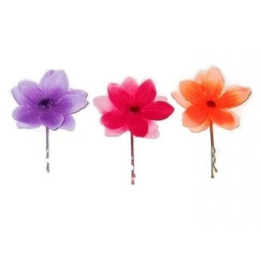Three colorful flower-shaped hairpins on a white background