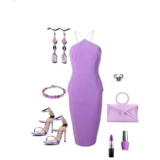 A coordinated fashion look featuring a lavender purple bodycon midi dress as the central item, surrounded by matching accessories including dangling earrings, a beaded bracelet, ring, sandals, clutch, lipstick, and nail polish on a plain white background.