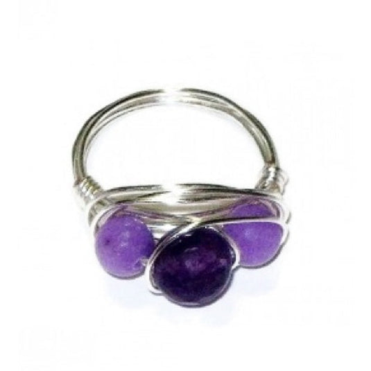 Purple wire-wrapped ring with three jades-style gemstone beads wrapped in silver-plated wire