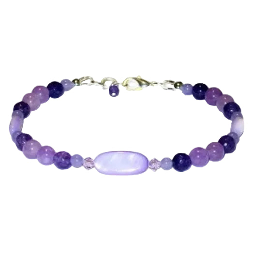 Purple beaded bracelet with a silver-plated lobster clasp on a white background