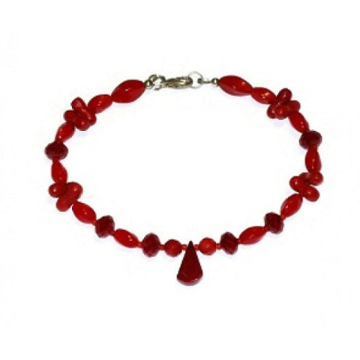 Red beaded bracelet with a silver clasp on a white background
