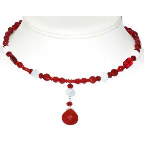 Red and White Choker and Earring Set with Faceted Briolette Pendant