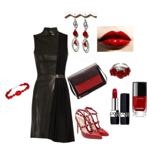 Black dress with red accessories including earrings, lipstick, and handbag on a white background