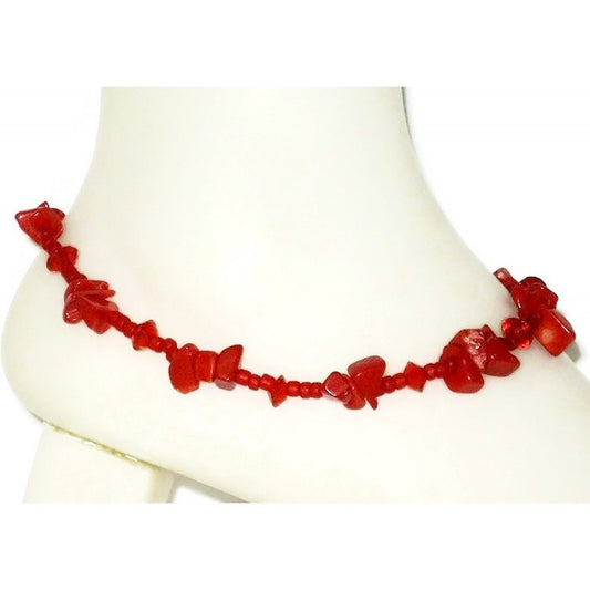 Red Ankle Bracelet with Red Coral Chip Beads